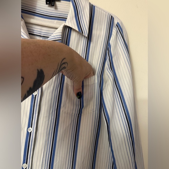 PAIGE Women’s White Dream Blue Striped Notch Lapel Collar Button-Up Shirt Size M - Picture 7 of 12
